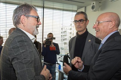 El paer en cap, amb el secretari de Telecomunicacions de la Generalitat, David Ferrer, i el CEO del Mobile World Capital, Carles Grau..