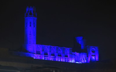 Aquest vespre, la Seu Vella també s'ha vestit de color blau.