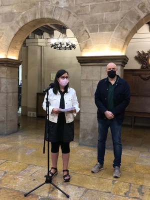 La portaveu del govern, Jordina Freixanet, explica als mitjans de comunicació l'acord a què s'ha arribat a la Junta de Govern Local sobre l'expedient….