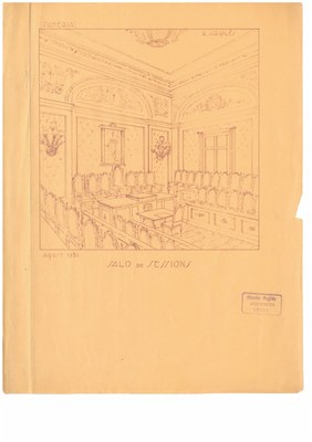 Dibuix del saló de plens amb el mobiliari dissenyat per l'arquitecte Ramon Argilés, datat l'any 1931..