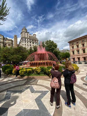 Aigües de Lleida ha col·laborat amb la diada tenyint de rosa l'aigua de la font de la plaça de la Pau.