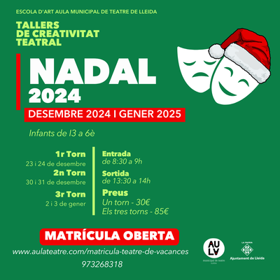 L’Ajuntament de Lleida obre les inscripcions als Tallers de Creativitat Teatral de Nadal de l’Aula Municipal de Teatre.