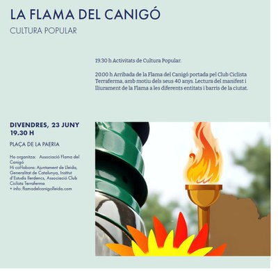 La Flama del Canigó arribarà aquest divendres a Lleida. I ho farà de mans del Club Ciclista Terraferma amb motiu de la celebració del seu 40è aniversari.