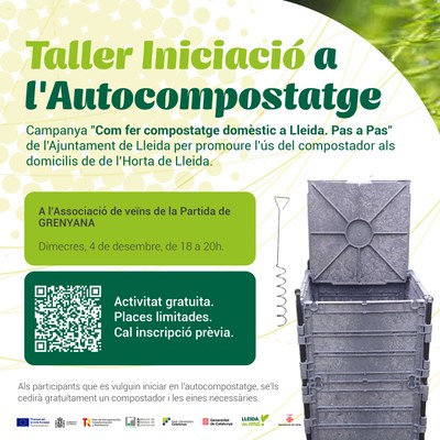 Cartell del primer taller d'iniciació a l'autocompostatge per promoure l'ús del compostador als domicilis de l'Horta.