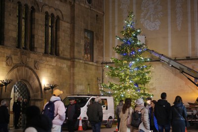 Un gran arbre de Nadal s'està instal·lant a la plaça Paeria.