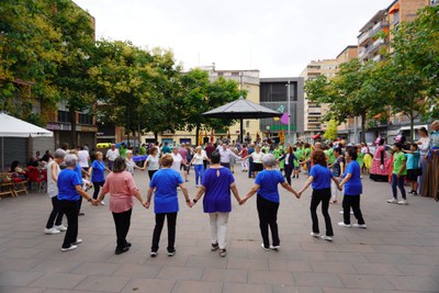 Diferents grups de sardanistes a la plaça de Cappont el Dia Universal de la Sardana.