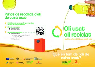 Cara A del díptic de la campanya de recollida de l'oli de cuina usat: "Oli usat, oli reciclat".