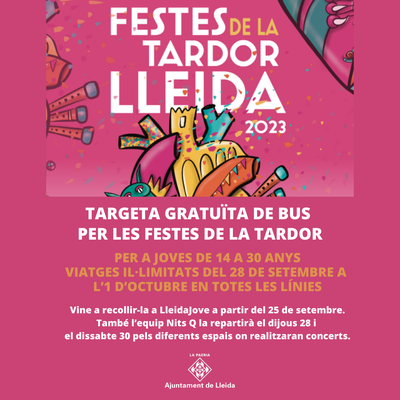 L’Ajuntament de Lleida posa a disposició dels joves de 14 a 30 anys una targeta de bus gratuïta amb viatges il·limitats des del 28 de setembre fins al 1 d’octubre amb totes les línies de bus de la ciutat i també en el servei de bus nocturn.
