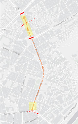 Mapa del recorrido de la manifestación en Lleida con los cortes previstos.