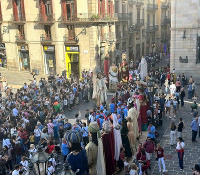 Los gigantes romanos y faraones de Lleida Marc Antoni i Cleopatra y el faraón y la faraona, respectivamente, en el Encuentro de Gigantes Centenarios Históricos de Cataluña.